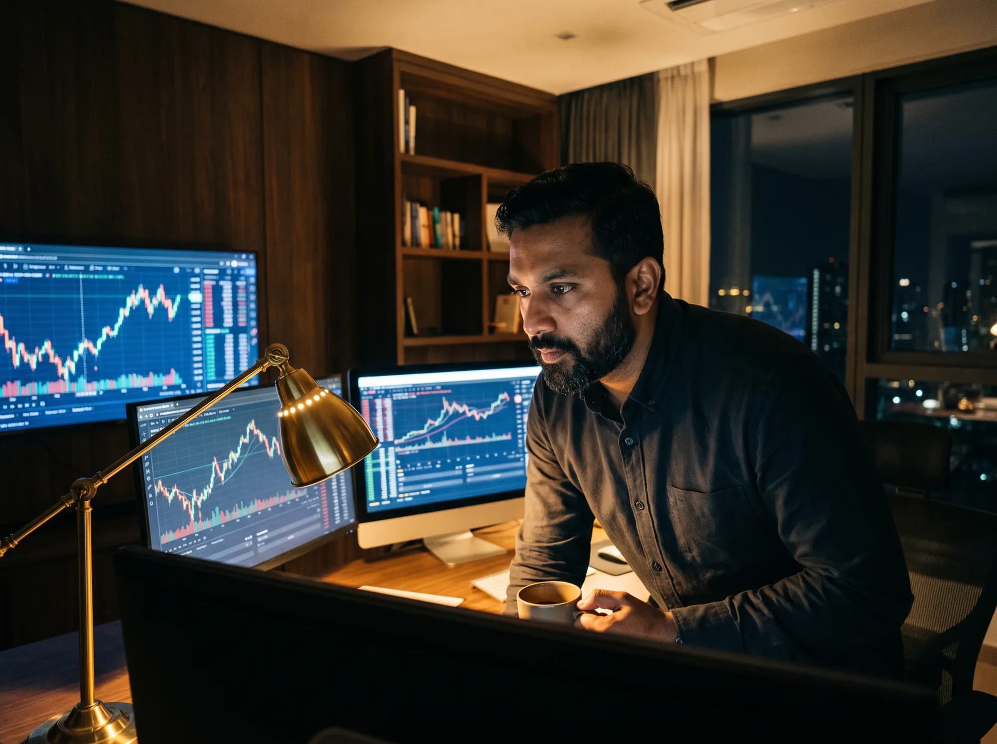 Bharat reviewing charts at his trading desk at night